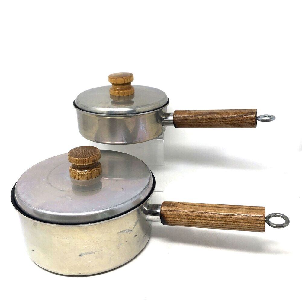 Mirro Sauce Pans 2 Qt & 1 Qt VTG USA Non-Stick Aluminum Wooden Handle w/ Lids